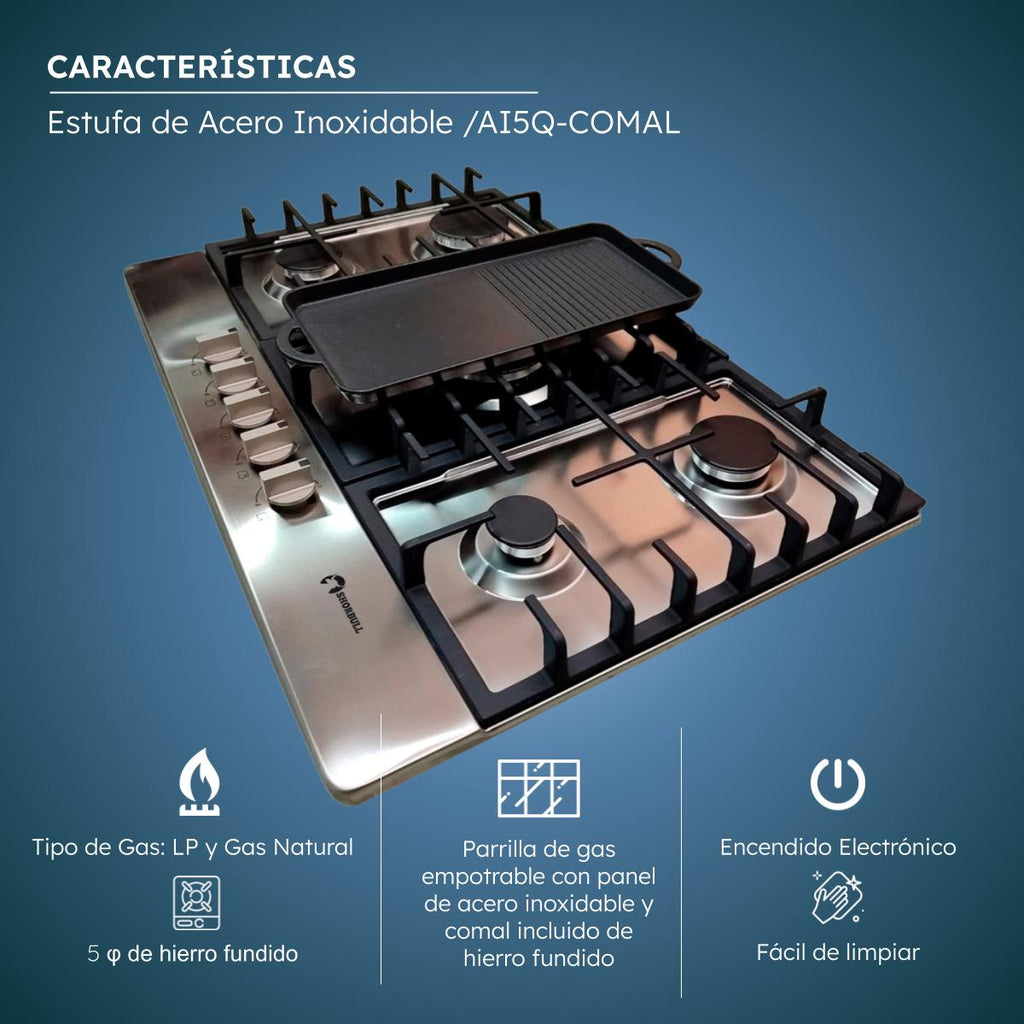 Estufa acero 5quemadores +comal Shorbull